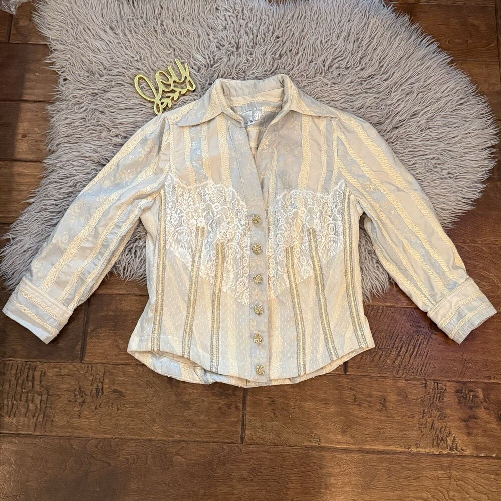 Alberto Makali Jacket Blazer Lace Cream Gold Button 3/4 Sleeve Size 10 USA